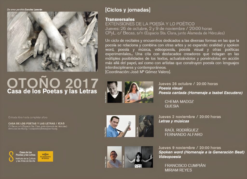 Cultural programming poster for poetry and literature events at Casa de los Poetas y las Letras.