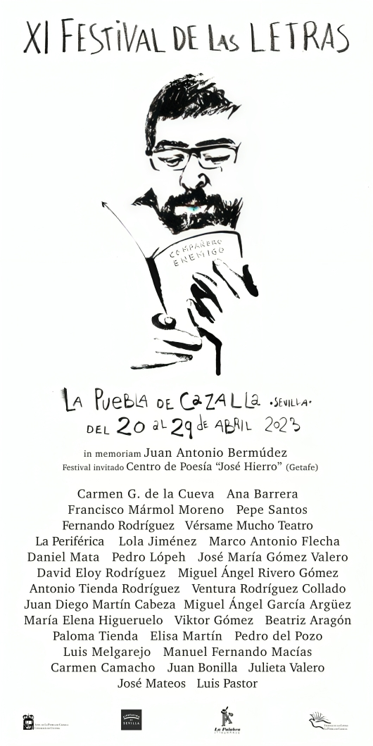 Cartel del XI Festival de las Letras en La Puebla, con ilustración de lector y lista de participantes. Programación cultural.