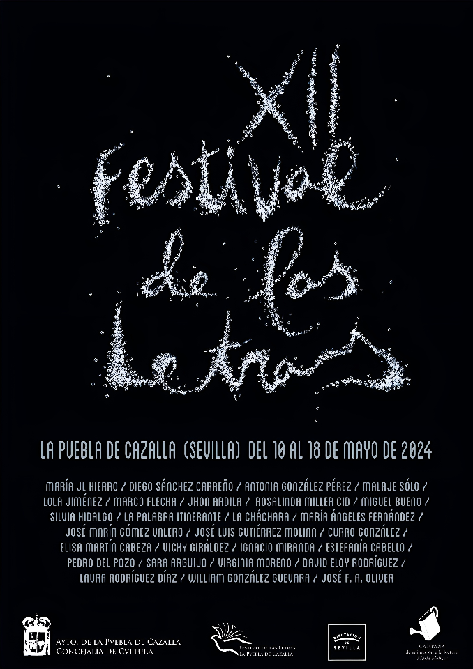 Cartel del XII Festival de las Letras en La Puebla de Cazalla, Sevilla (10-18 Mayo 2024). Programación cultural y literaria.