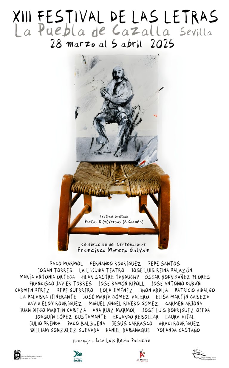 Cartel del XIII Festival de las Letras en La Puebla de Cazalla, Sevilla, 2025. Imagen de un hombre sentado en una silla.