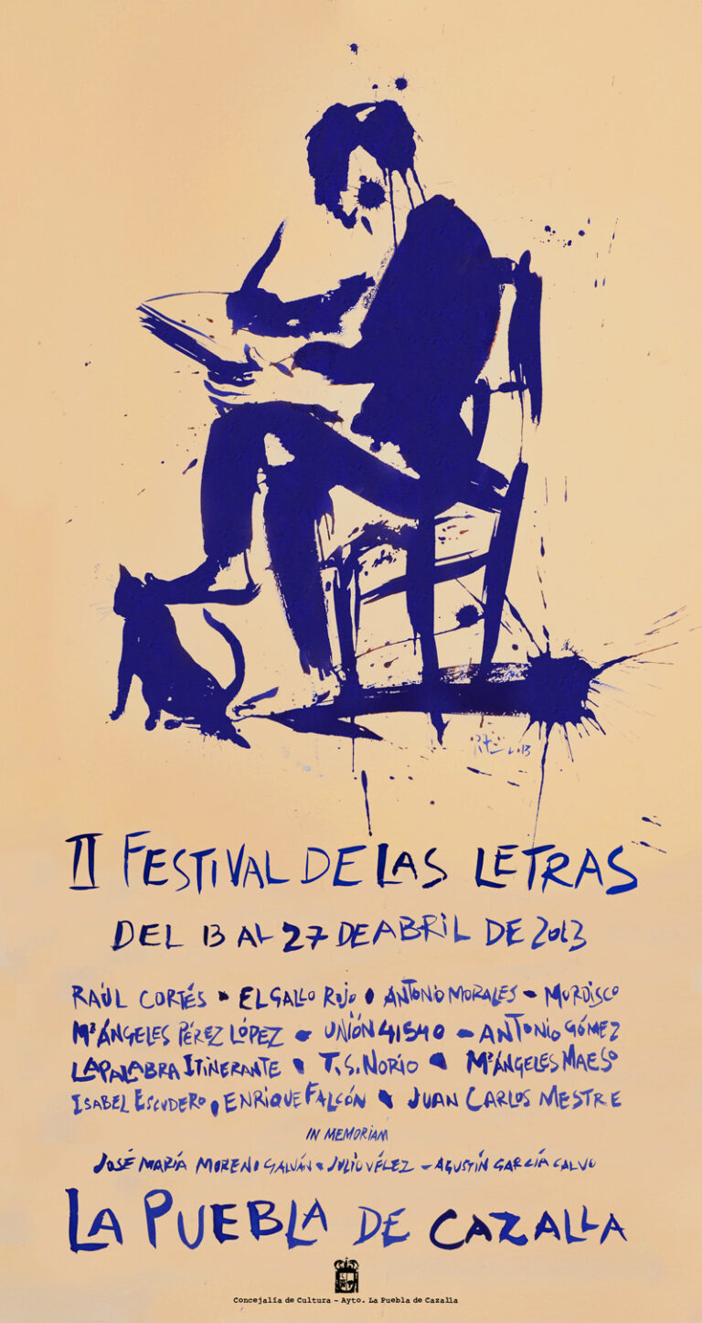 Cartel del II Festival de las Letras: ilustración de escritor y gato. Programación cultural en La Puebla de Cazalla.