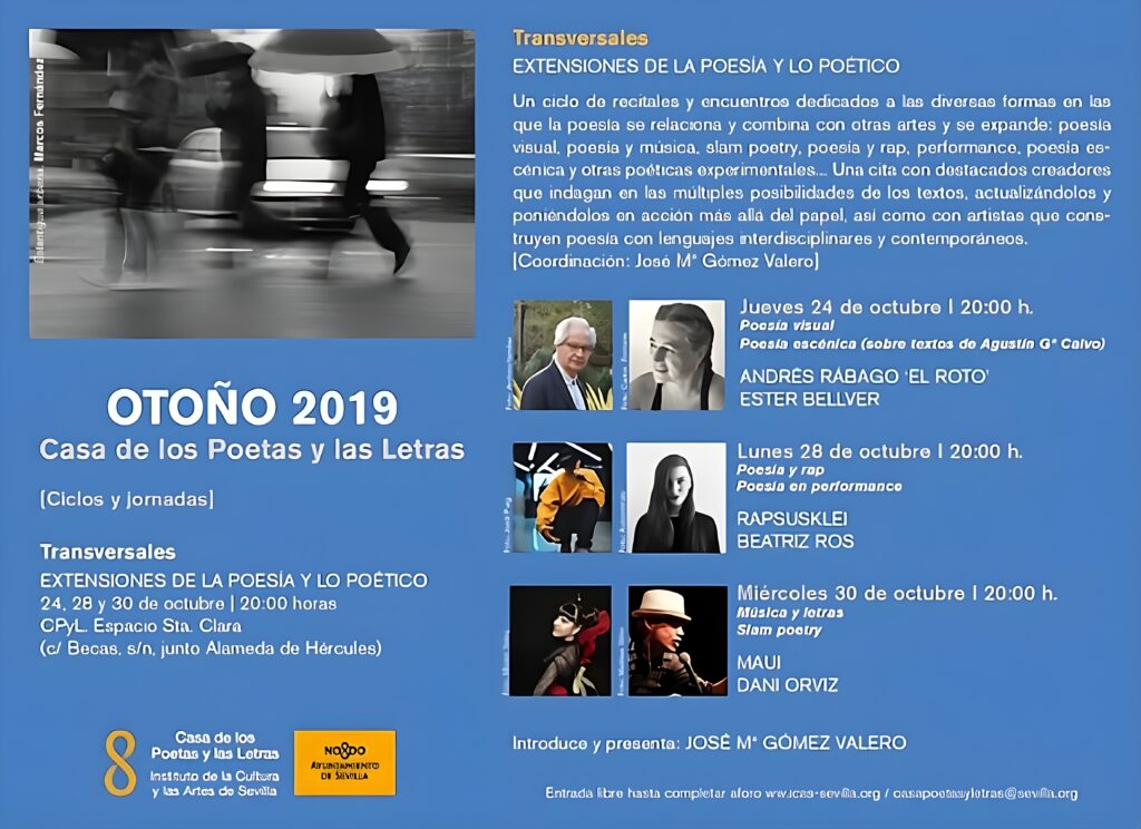 Programa Cultural Transversales: Otoño 2019 en Casa de los Poetas. Poesía visual, slam poetry, rap y música en Sevilla.