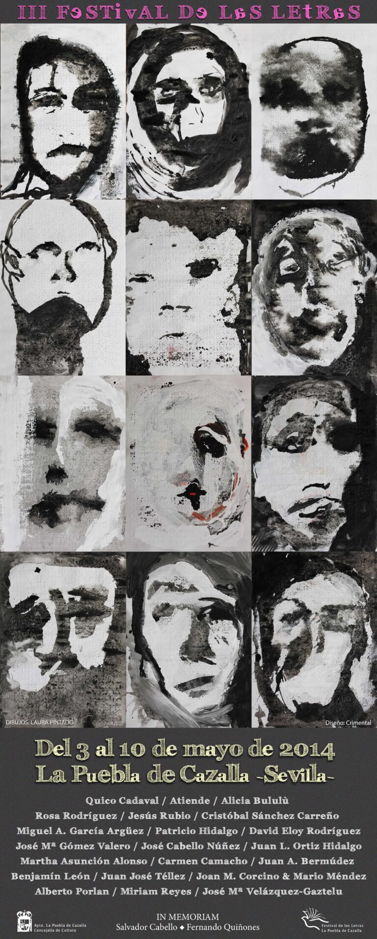 Cartel del III Festival de las Letras en La Puebla de Cazalla, Sevilla. Retratos expresionistas en blanco y negro. Programación cultural.
