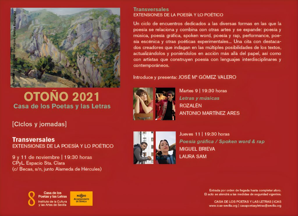 Programa Cultural: Ciclo Transversales en Casa de los Poetas y las Letras. Otoño 2021. Poesía, música y spoken word en Sevilla.