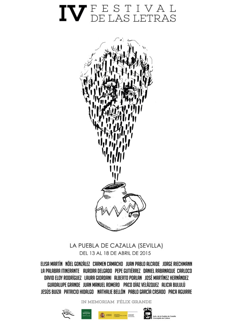 Cartel del IV Festival de las Letras en La Puebla de Cazalla. Diseño artístico en blanco y negro con rostro y jarra.