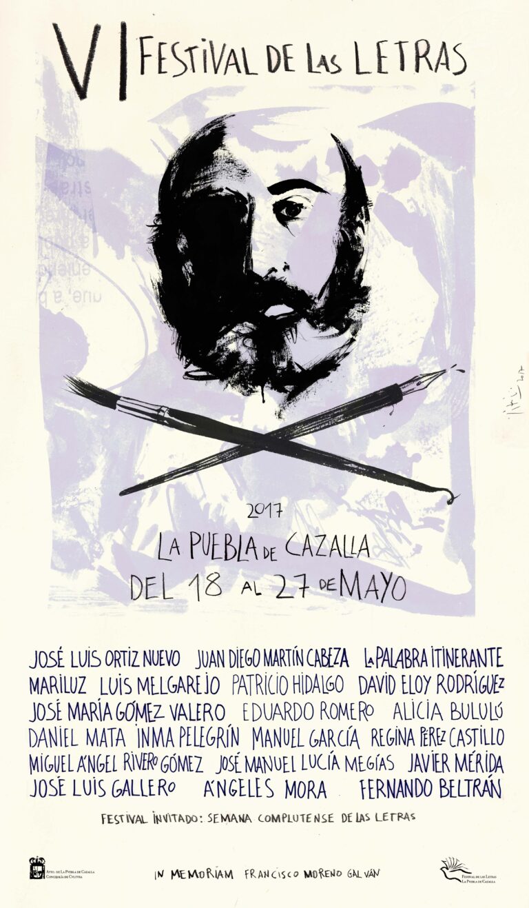 Cartel del VI Festival de las Letras en La Puebla de Cazalla, con ilustración de autor y pinceles cruzados.