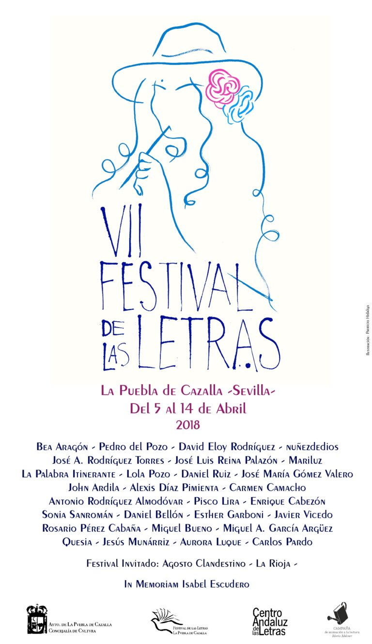 Cartel del VII Festival de las Letras en La Puebla de Cazalla, Sevilla. Diseño artístico con figura femenina y flor.