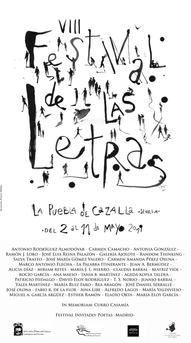 Festival de las Letras 2019 poster. Cultural event in La Puebla de Cazalla, Seville. Features literary figures and event details.