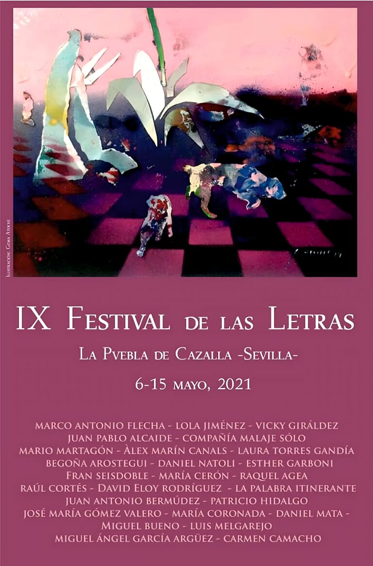 Cartel del IX Festival de las Letras de La Puebla de Cazalla. Arte abstracto y fechas del evento cultural en Sevilla.